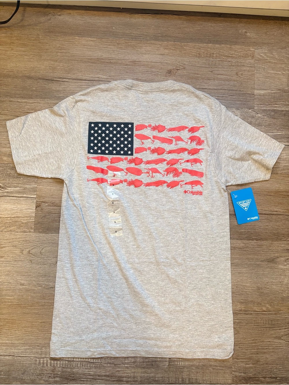 Columbia Heather Gray Short Sleeve Tee with Navy & Red Flag Graphic